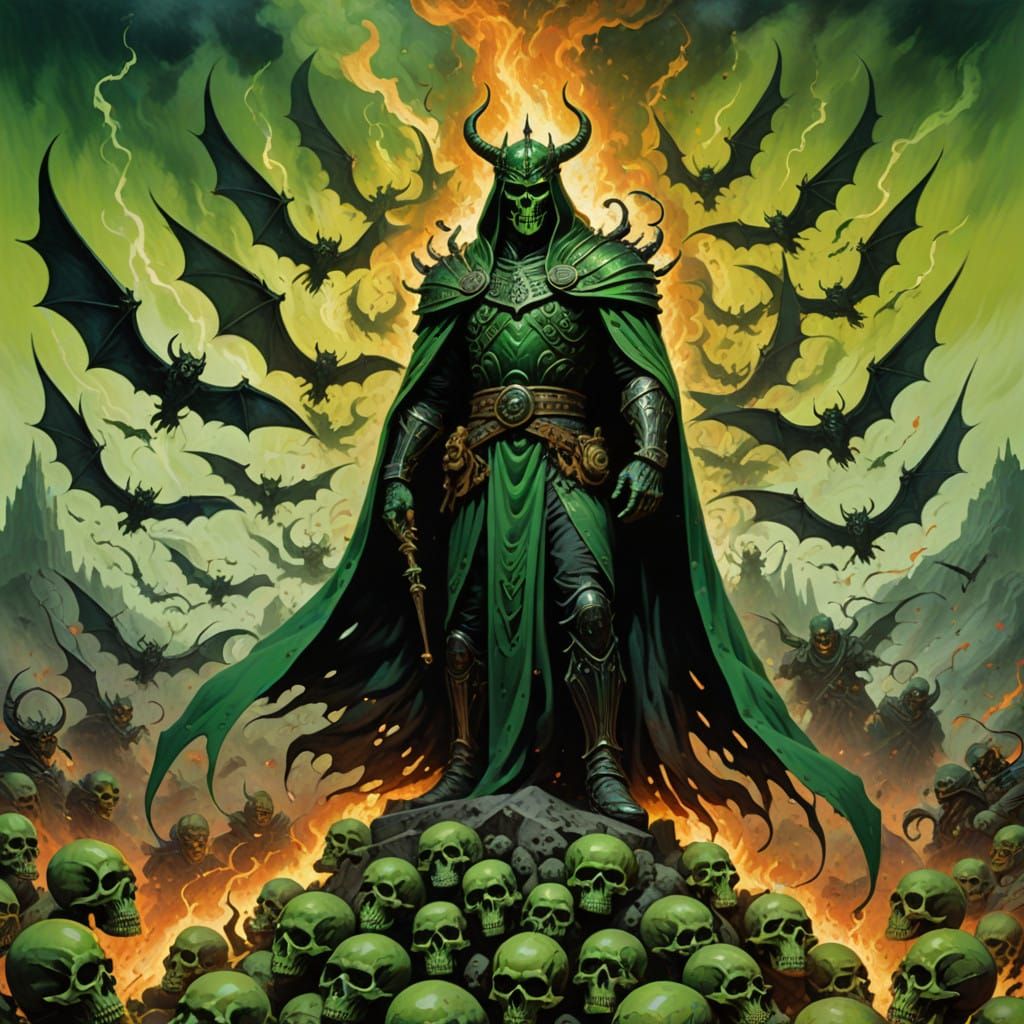 Ethereal Lich Surrounded by Flames and Twisted Bats in a Des...