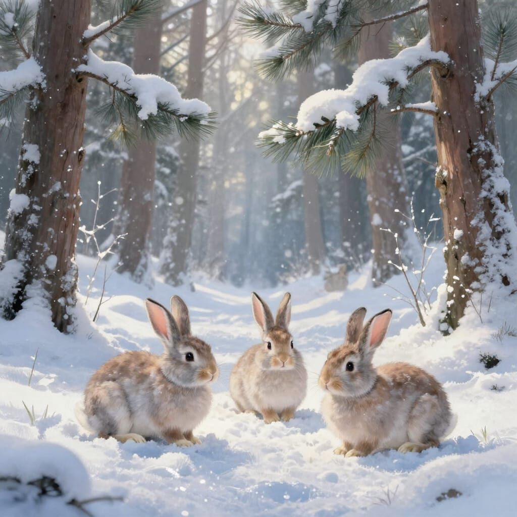 Fluffy Rabbits in Snowy Forest, Whimsical Illustration