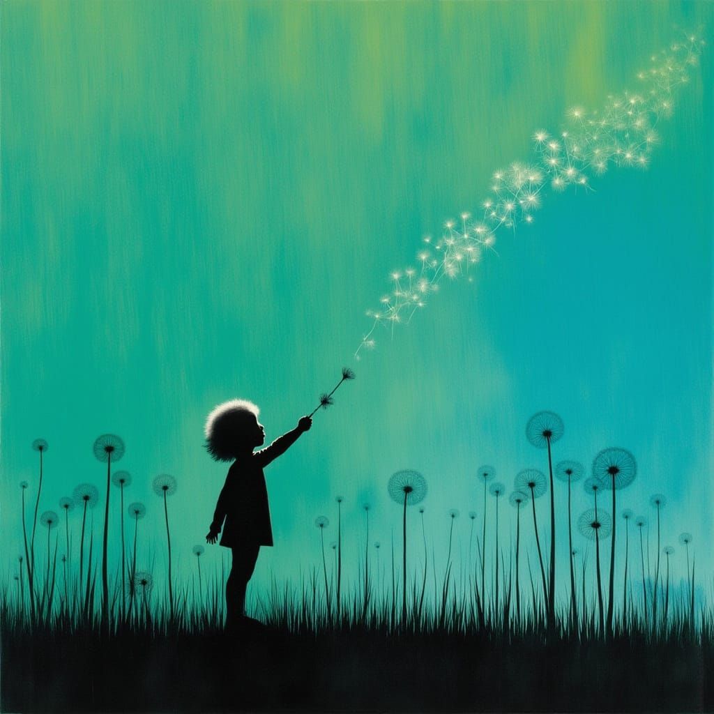 Silhouette Blowing Dandelion Seeds: Abstract Minimalist Art