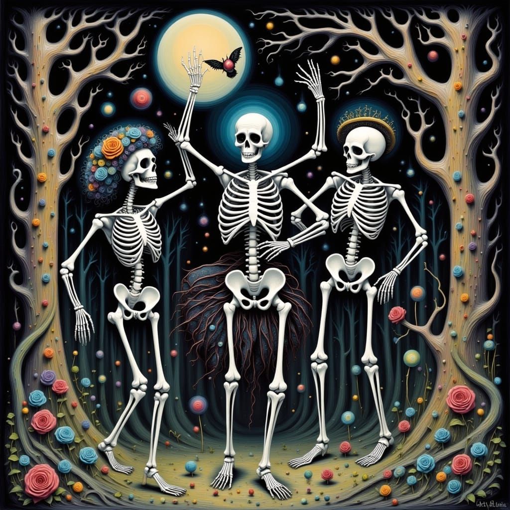 Skeleton Dancing in Dark Whimsy Style