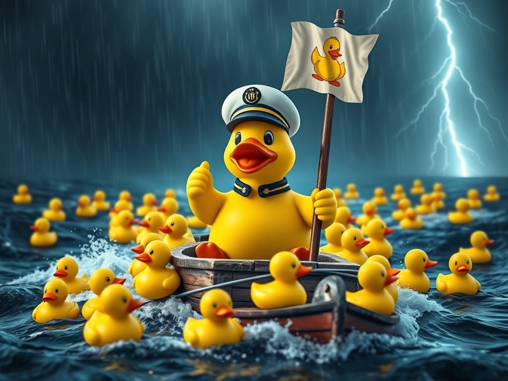 Dramatic Rubber Duck Captain Leads Flock Through Turbulent S...