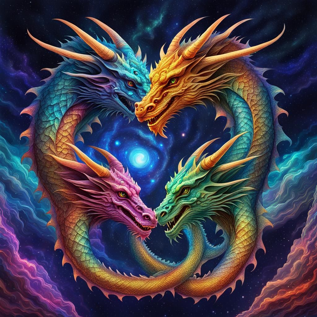 Holographic Three-Headed Dragon in Astral Cosmic Style