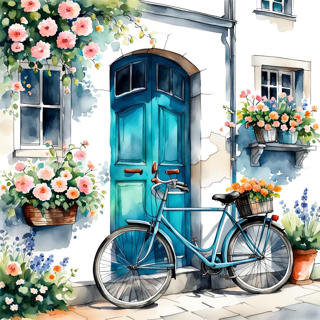 Watercolor Bicycle and Flower House Sketch