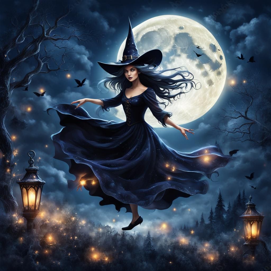 Enchanting Witch Dancing Under Full Moon