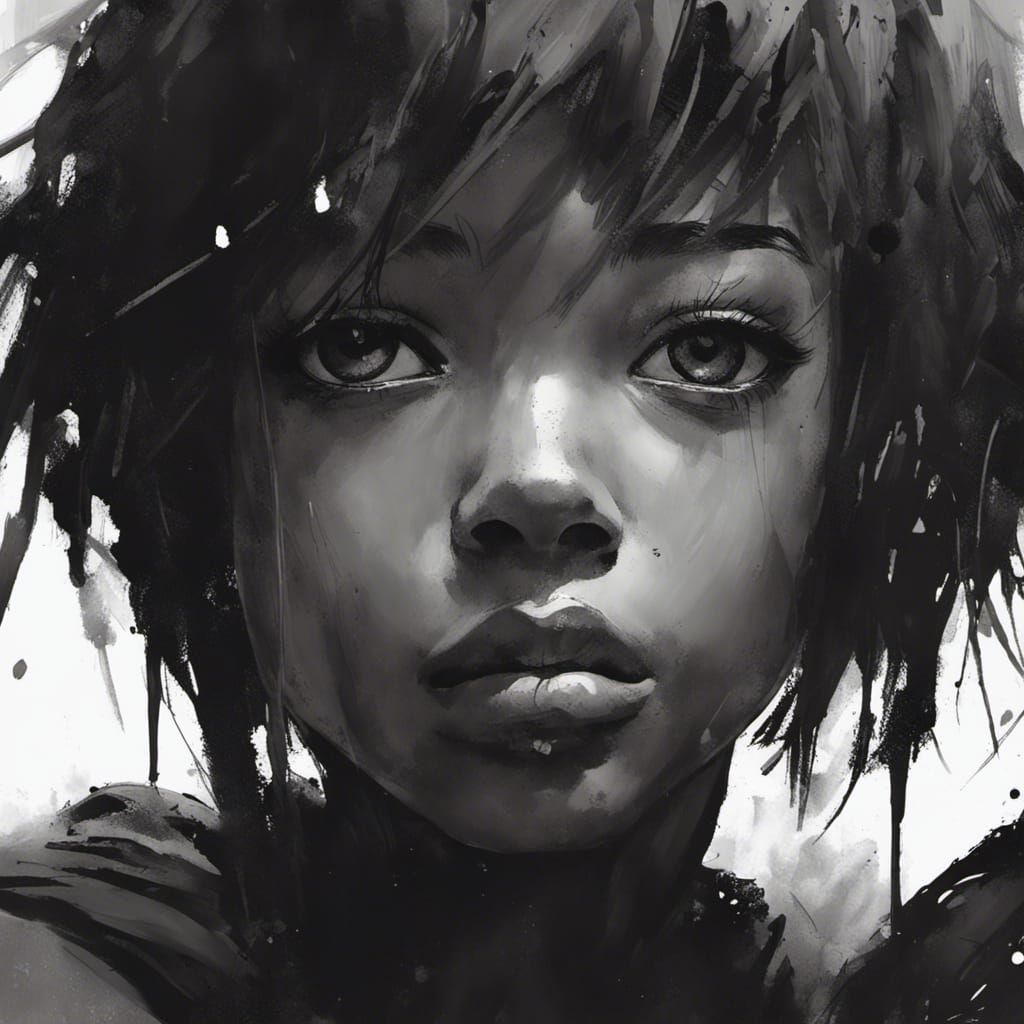 Sinister Anime Girl Portrait in Black and White