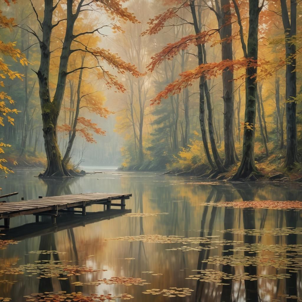 Autumn Jetty in Impressionist Lake Landscape