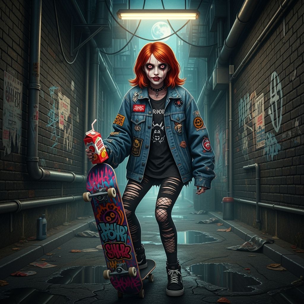 Eerie Annabelle Lookalike Skateboarding in Dim Alley