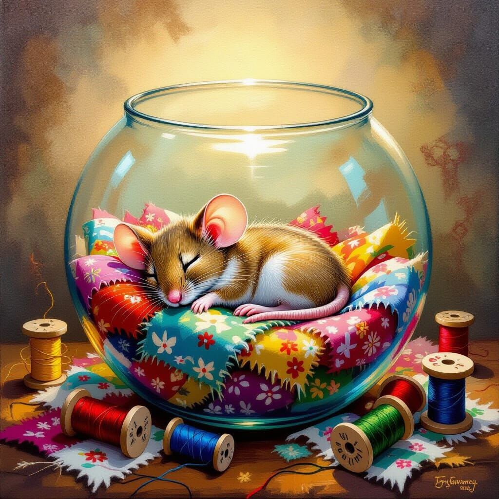 Mouse Nap in Fishbowl, Oil Painting Style