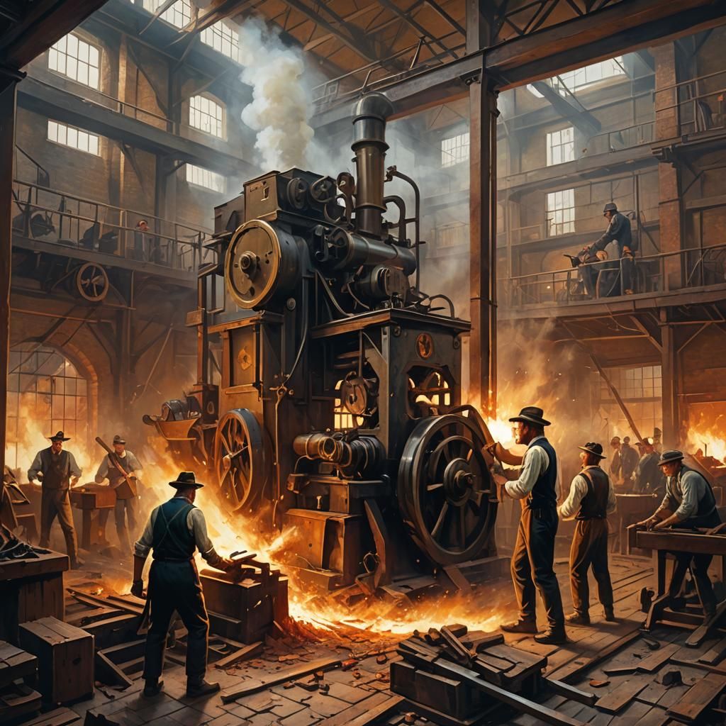 Luddites Smashing a Machine in an Oil Painting Style
