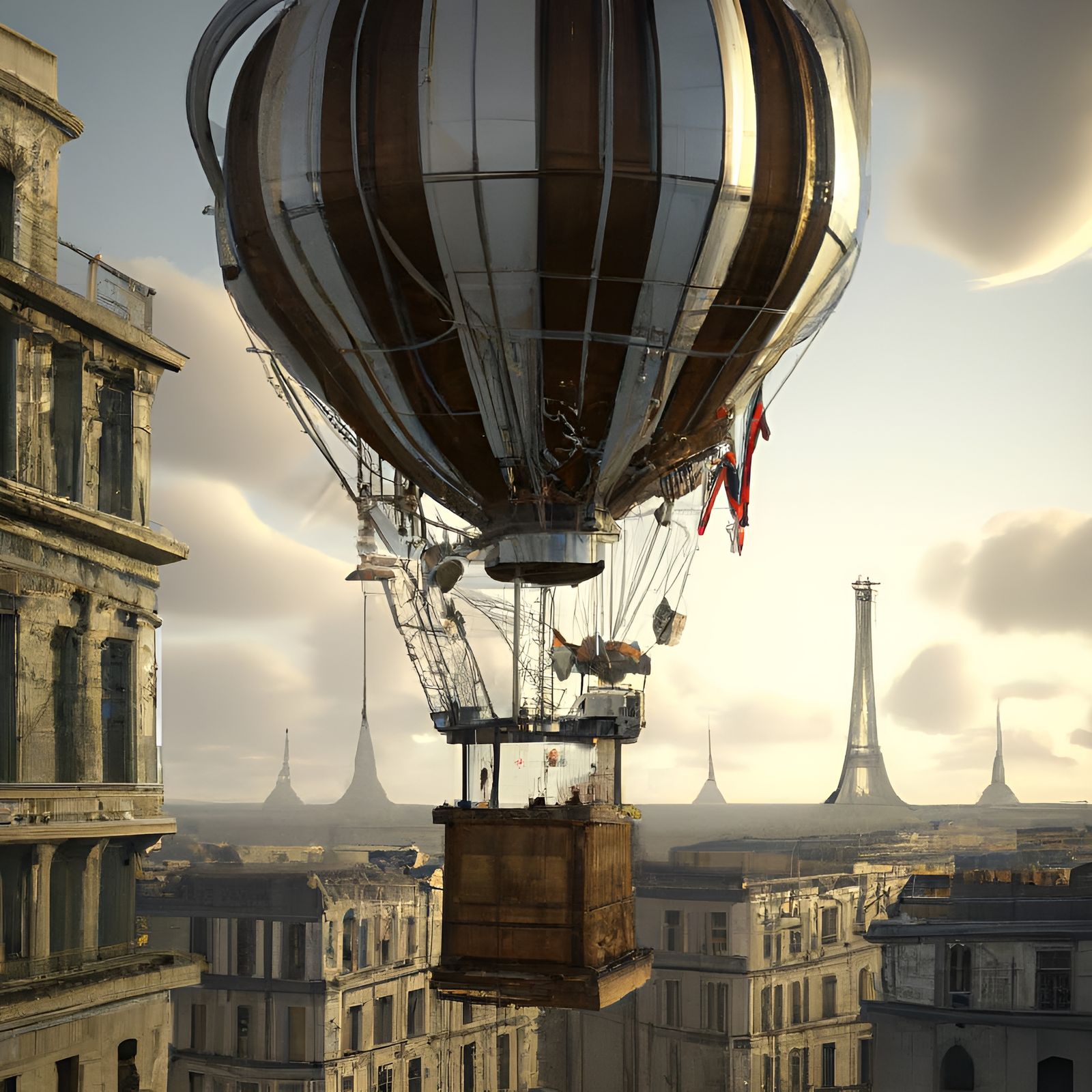 Steampunk Hot Air Balloon Over Paris: Baroque Painting