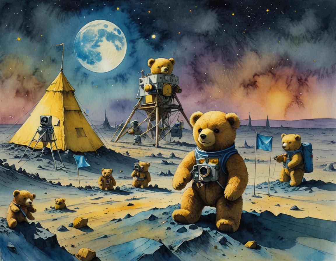 Watercolor Space Art: Teddy Bears on the Moon
