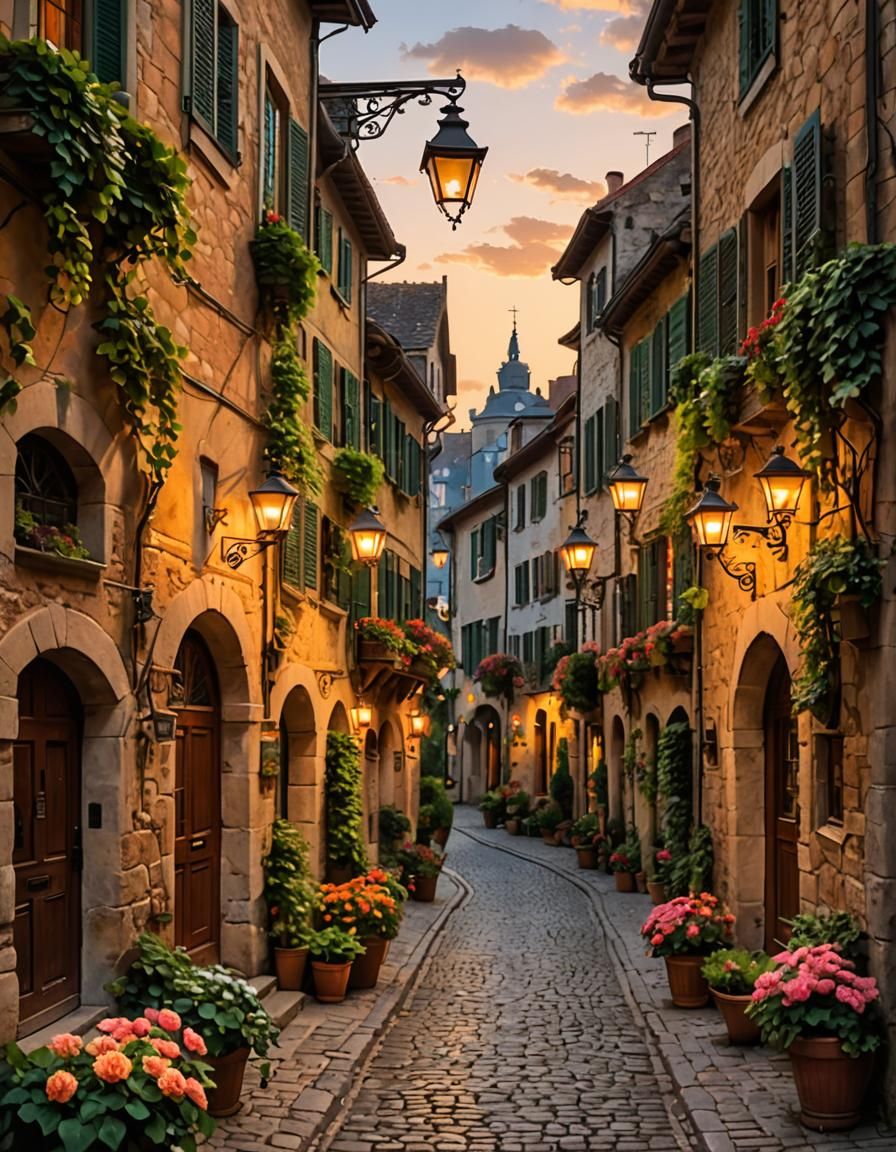 European Village Street at Twilight in Matte Painting Style