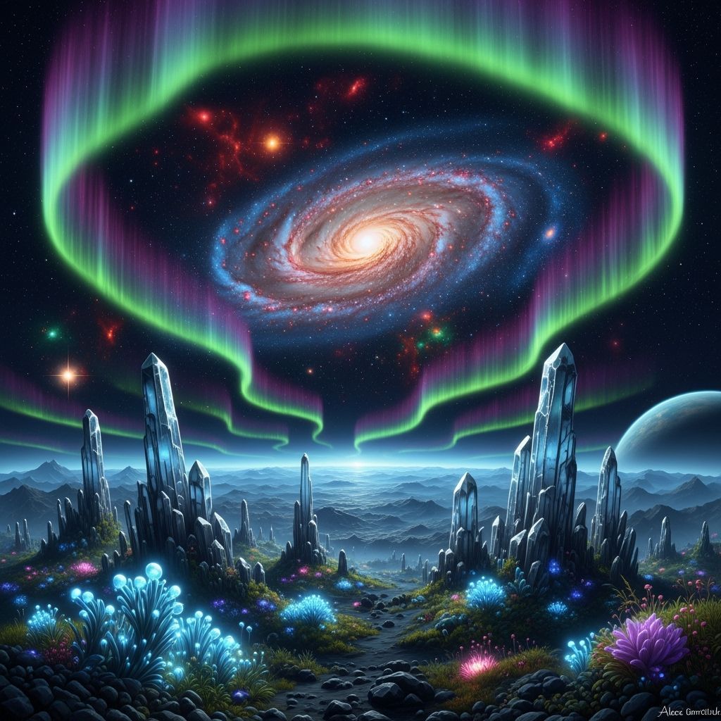 Cosmic Vista: Galaxy and Alien Planet