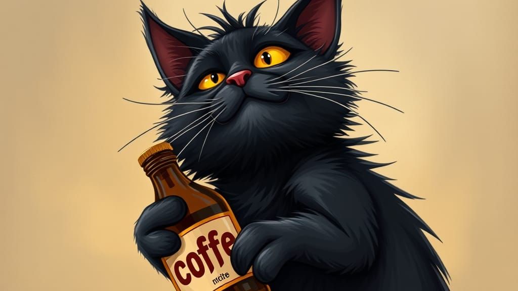 Whimsical Black Cat Sips Coffee in a Sunny Morning Scene