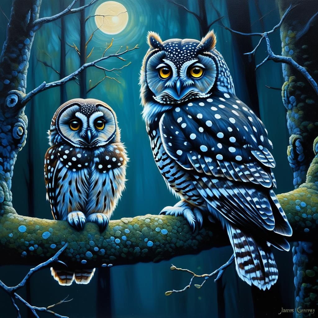 Spotted Owl Mother and Baby: Whimsical Oil Painting