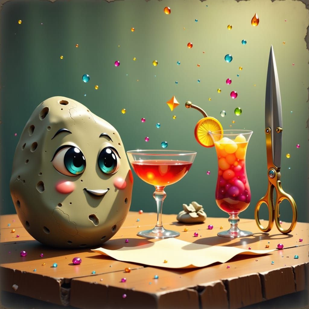 Rock, Paper, Scissors Enjoy Drinks in Whimsical Style