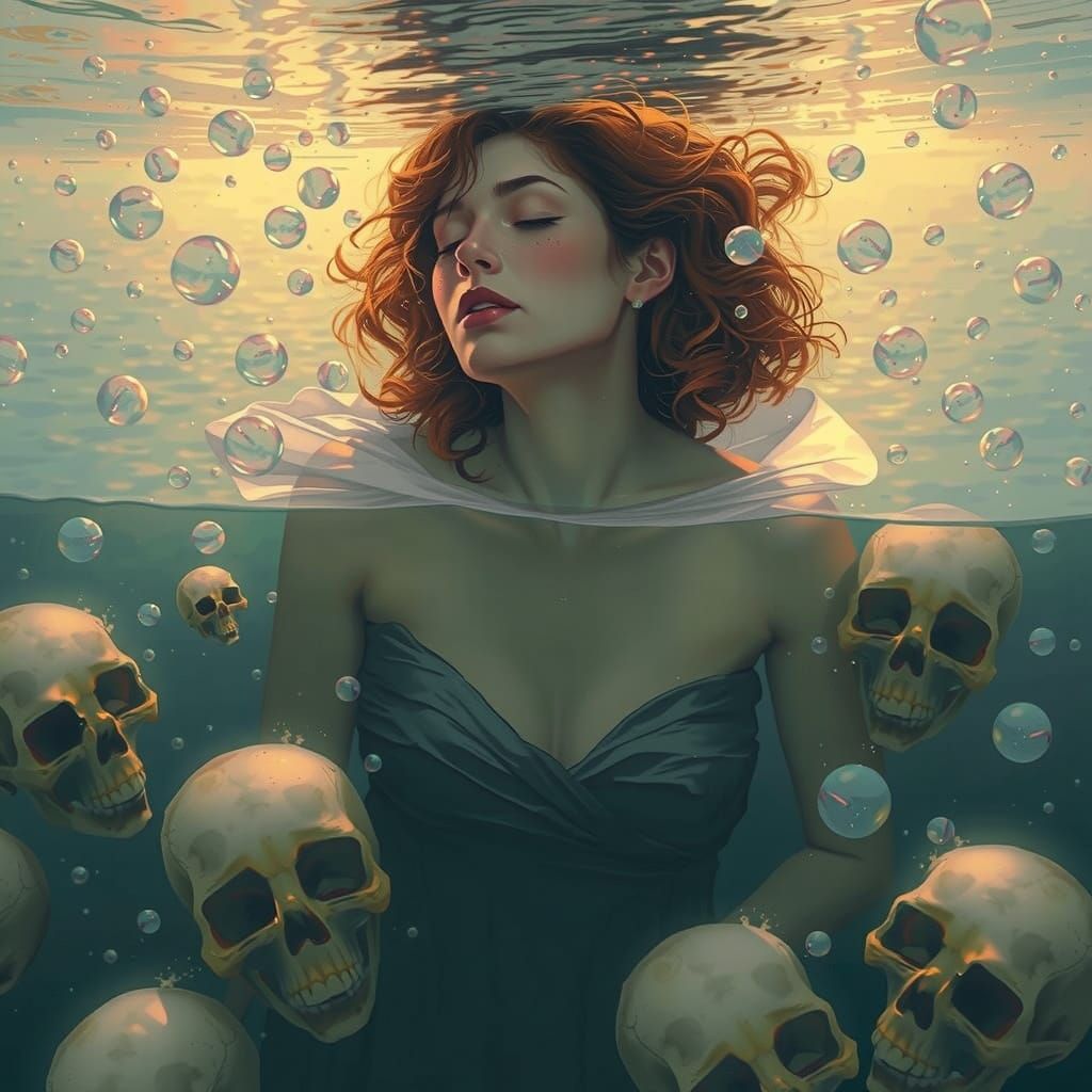Eerie Elegance: Woman Surrounded by River Skulls