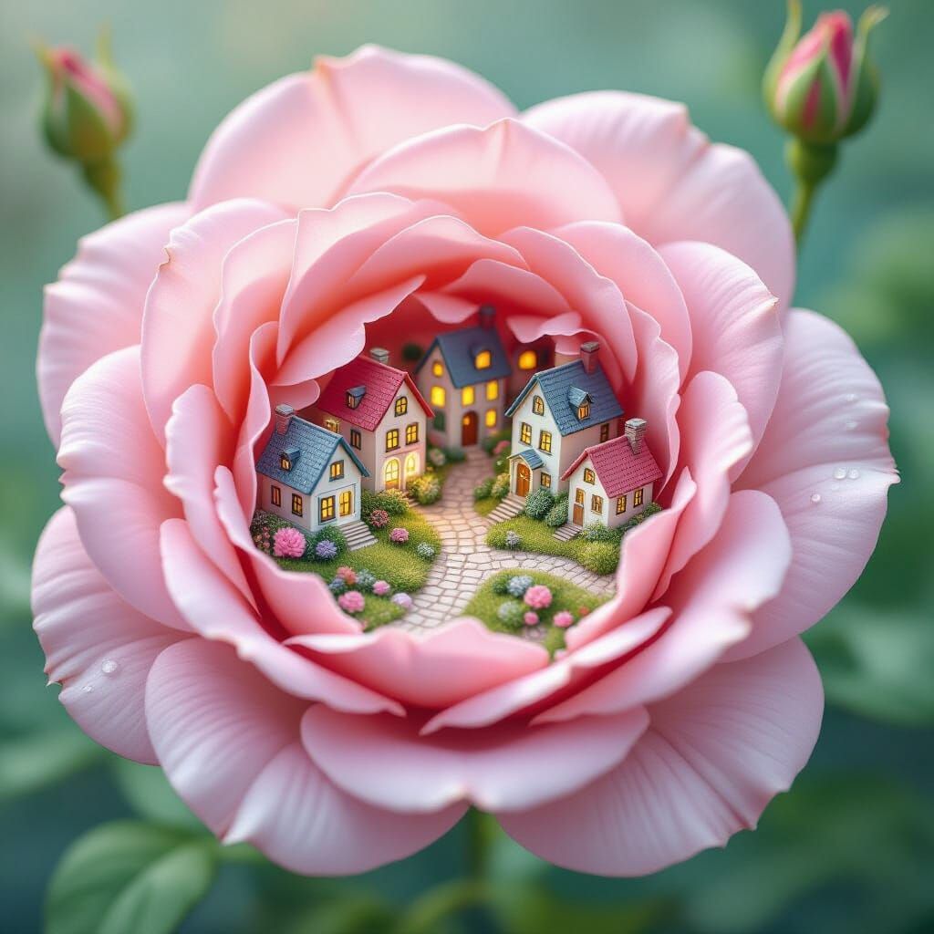Enchanting Village Inside Giant Rose: Storybook Illustration...