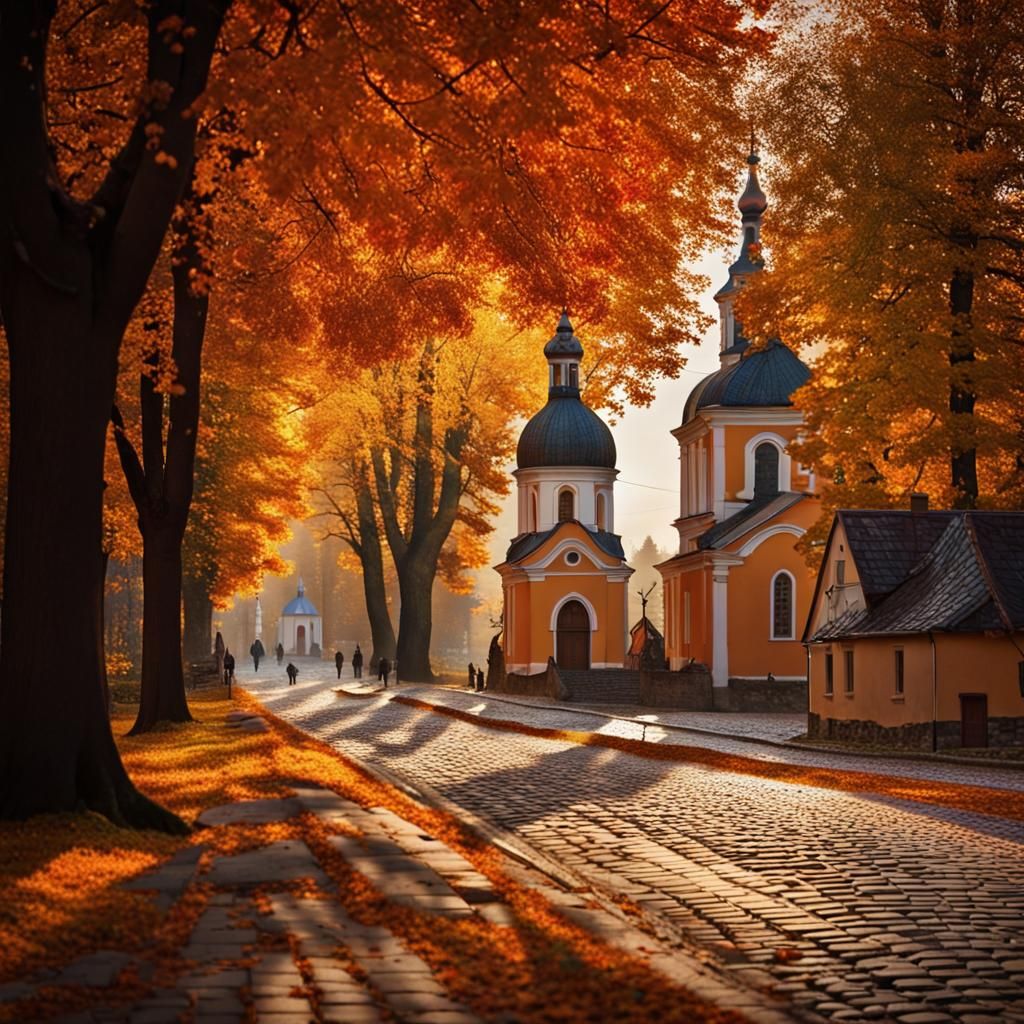 Vibrant Autumn Village Scene in Photography Style