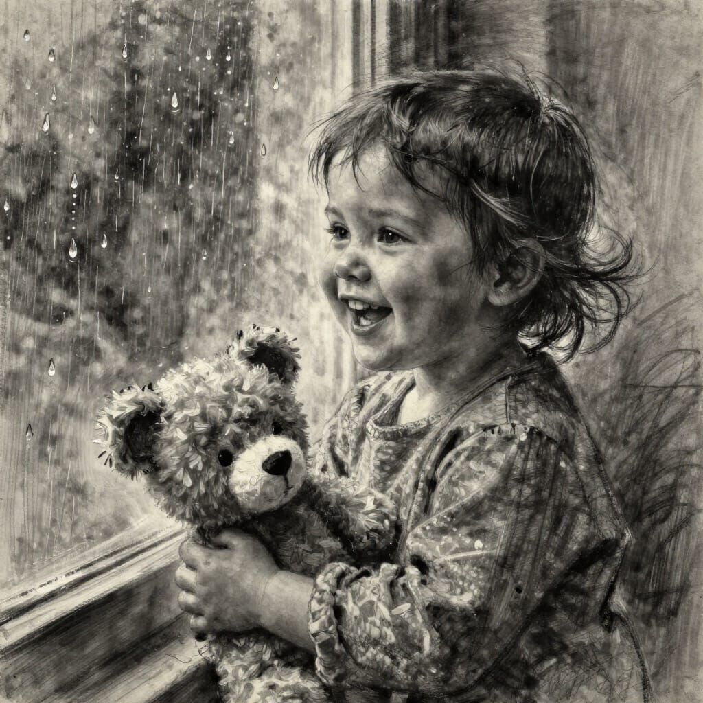 Happy Toddler Watches Rain Through Window, Charcoal Style