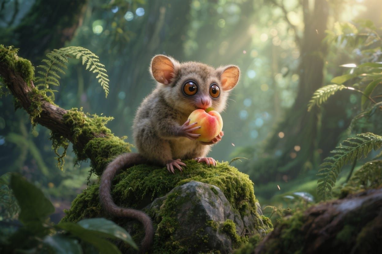 Mystical Forest Scene with Bush Baby and Peach