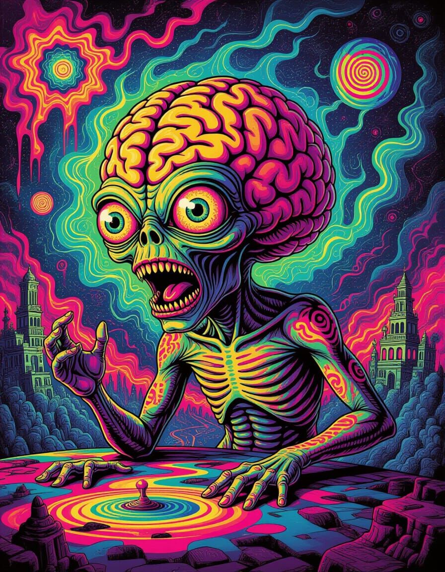 Grotesque Multi-Eyed Alien in Psychedelic Art Style
