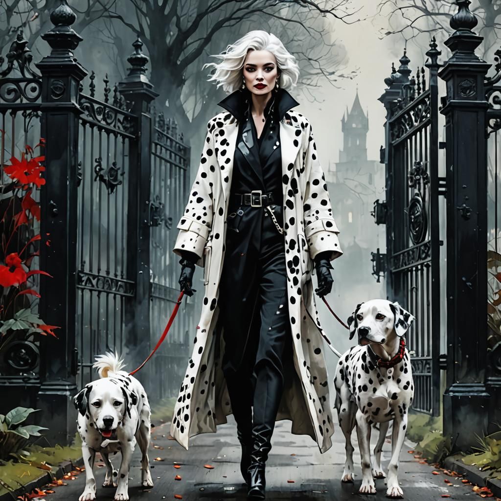 Cruella and Dalmatians Portrait in Dreamy Style