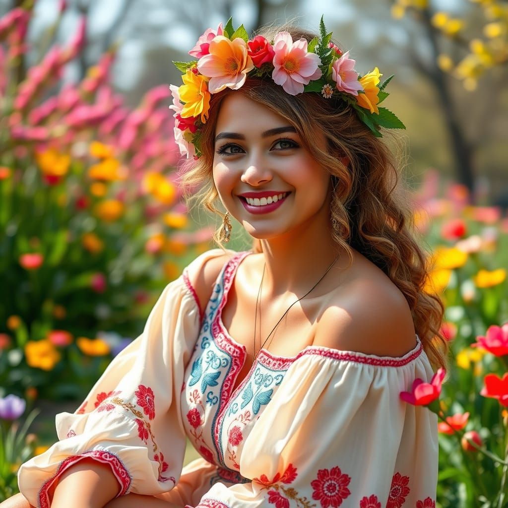 Joyful Hippie Woman in Vibrant Spring Park