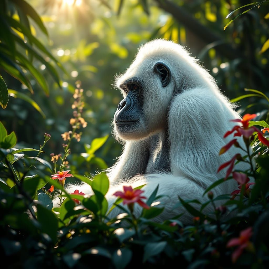 Albino Gorilla in Lush Green Jungle Setting