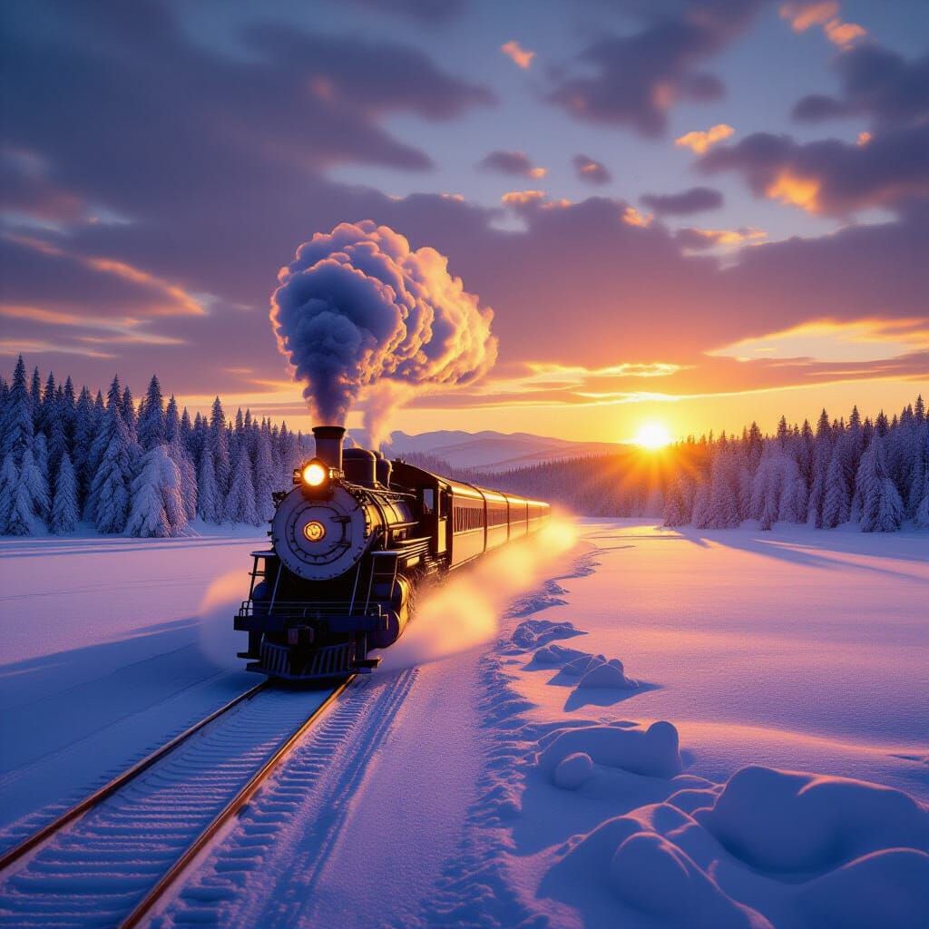 Polar Express Train on Frozen Lake at Sunset