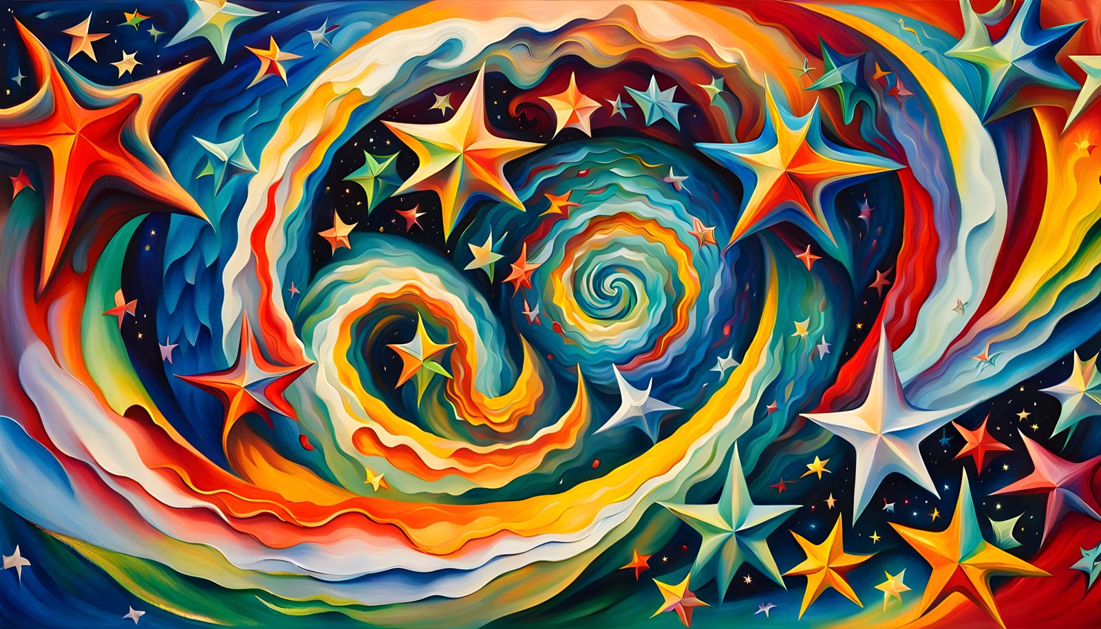 Chagallian Star Dance in Vibrant Iridescent Cosmic Vortex