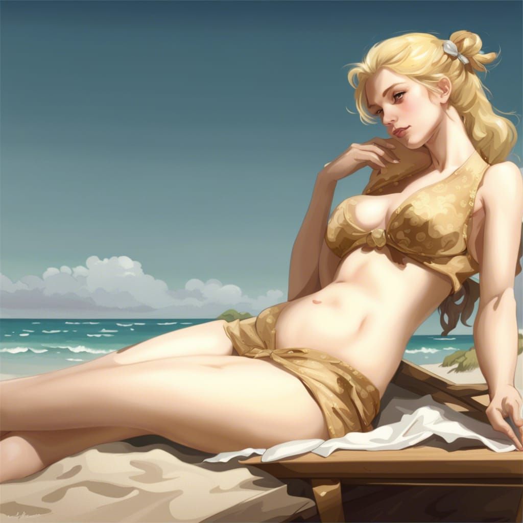 Blonde Woman Sunbathing on Beach in Anime Rococo Style