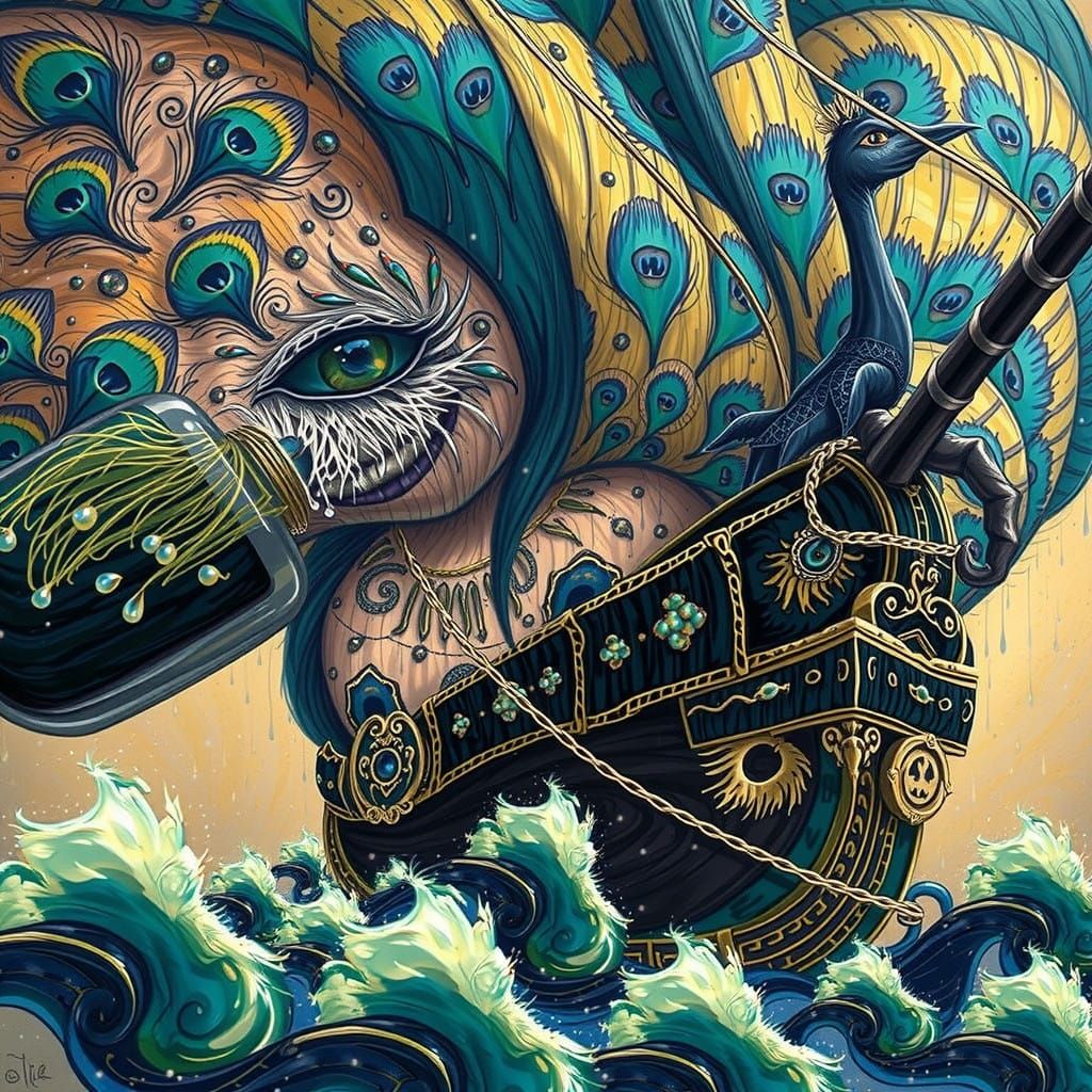 Whimsical Gothic Creature Amidst Starry Night Sky with Peaco...