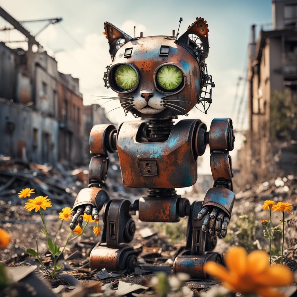 Robot Cat Guards Last Flower in Ruins
