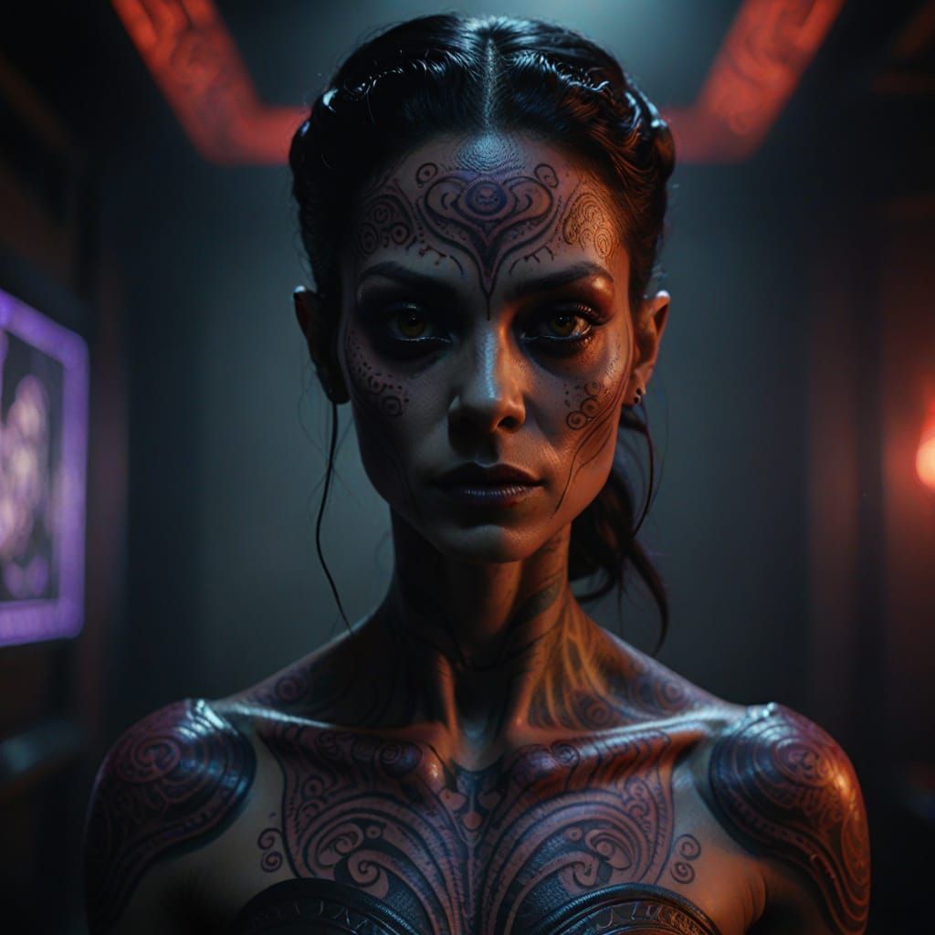 Dramatic Portrait of a Red-Skinned Alien Woman