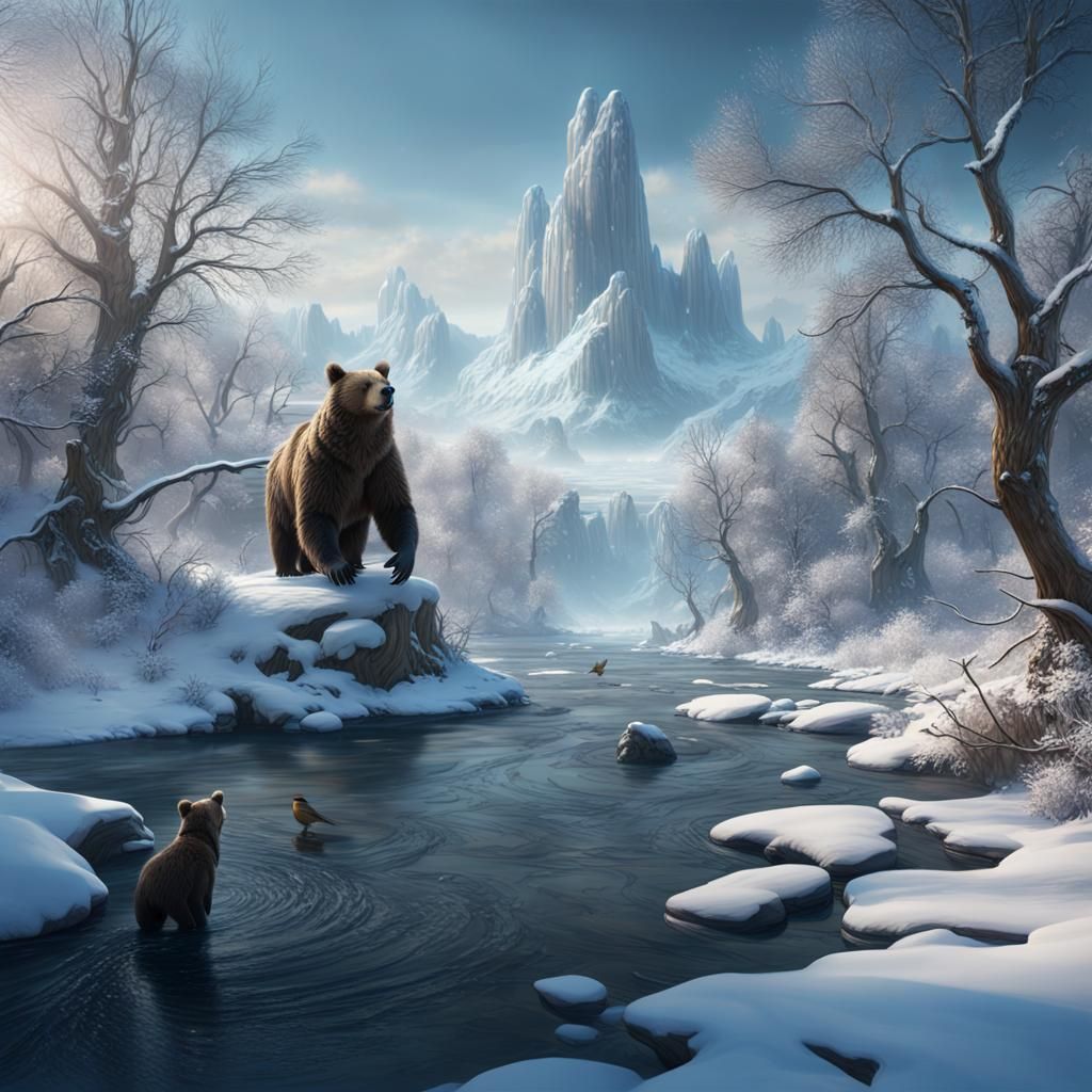 Winter Riverscape with Bear Fishing, Matte Painting