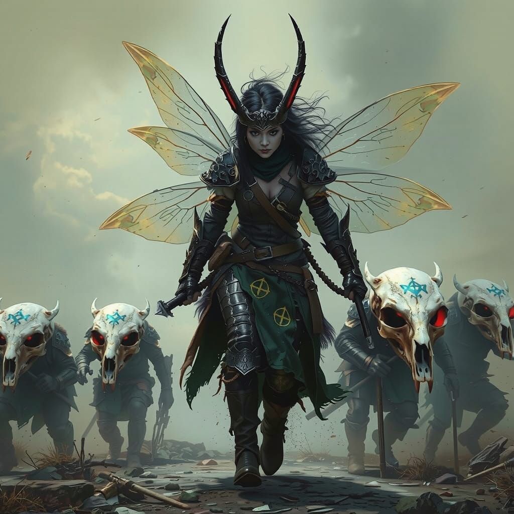 Pixie Warrior Leading Skull Warriors in Dark Fantasy Style