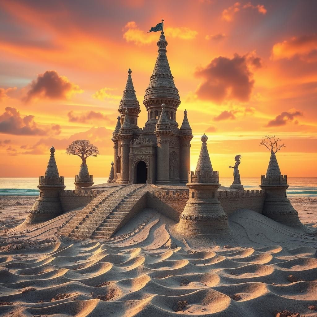 Majestic Sand Castle with Intricate Sculptures at Sunset