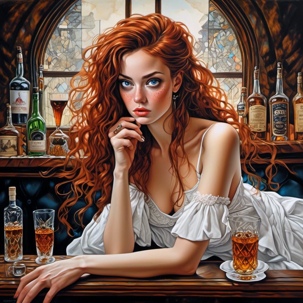 Anime Woman in Pub with Whiskey, Salvador Dali Style