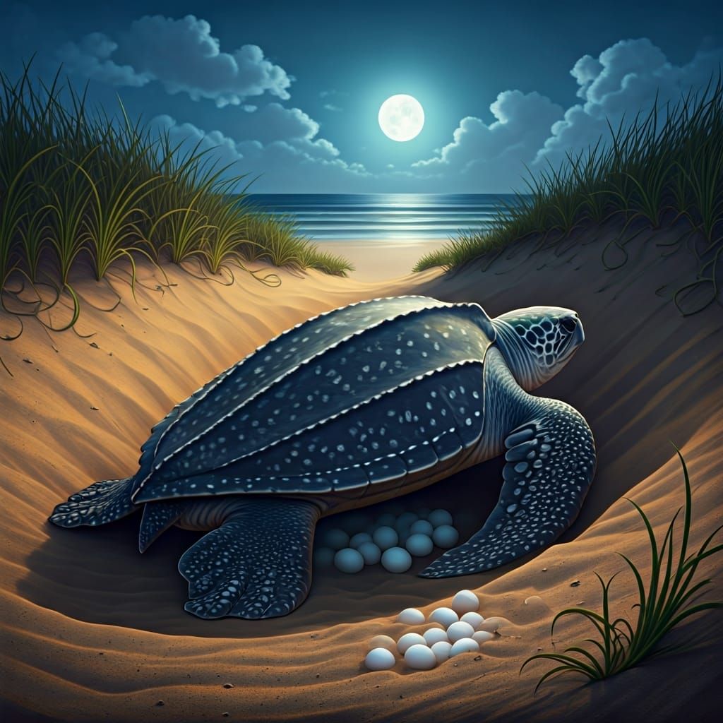 Leatherback Sea Turtle Laying Eggs Under Moonlight