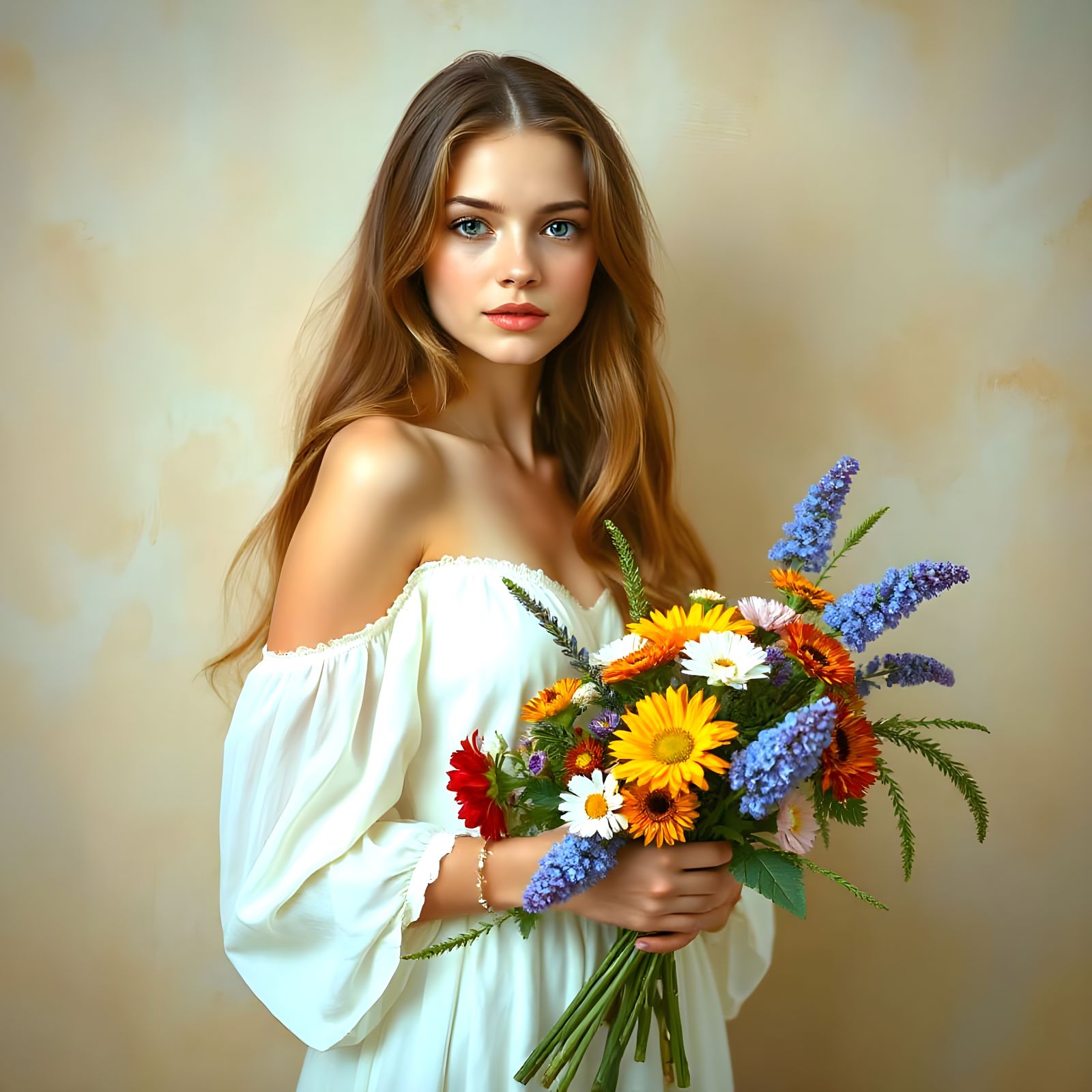 Woman with Wildflowers in Pre-Raphaelite Style