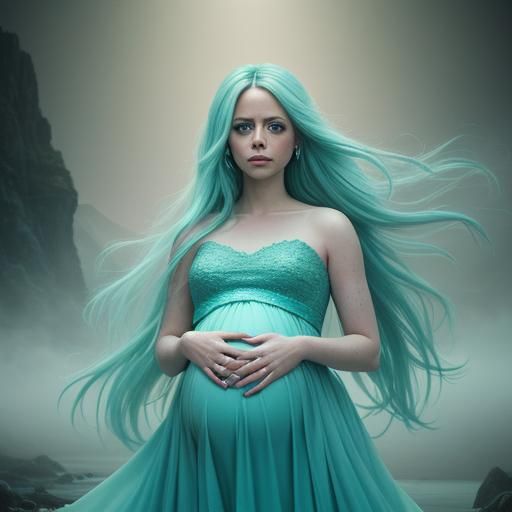 Pregnant Aqua Model in Aquamarine Gown