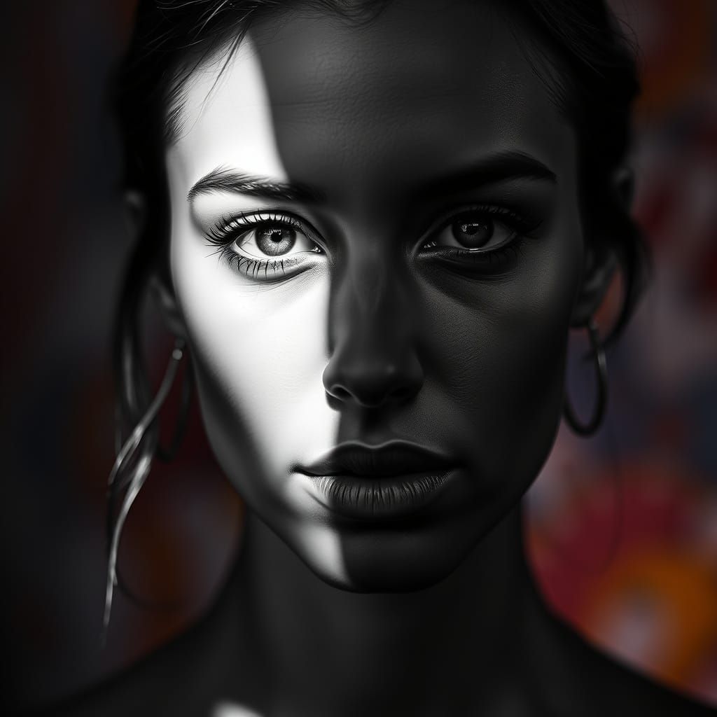 Hyper-Realistic Yin-Yang Portrait in High Contrast Black and...