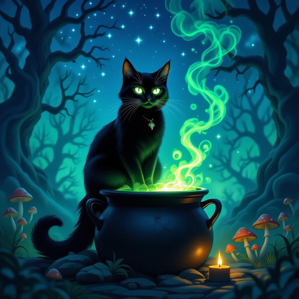 Witch's Familiar Cat by Bubbling Cauldron Under Starry Sky