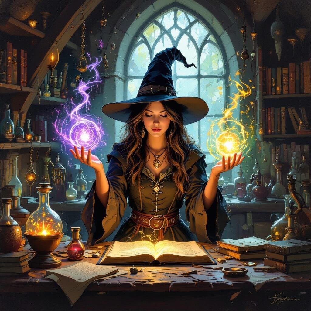 Witch Casting Spell in Magical Studio Oil Painting
