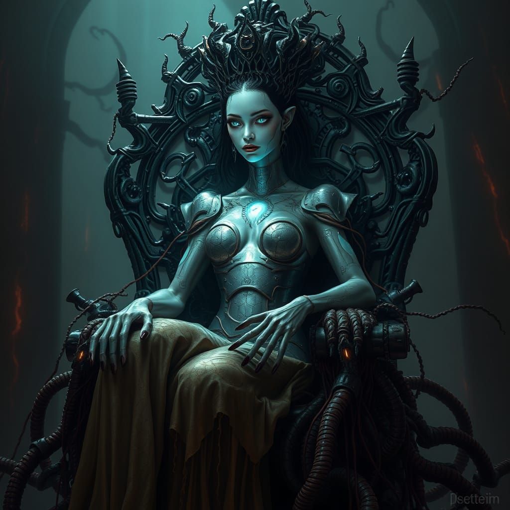 Regal Empress Seated on Twisted Biomechanical Throne