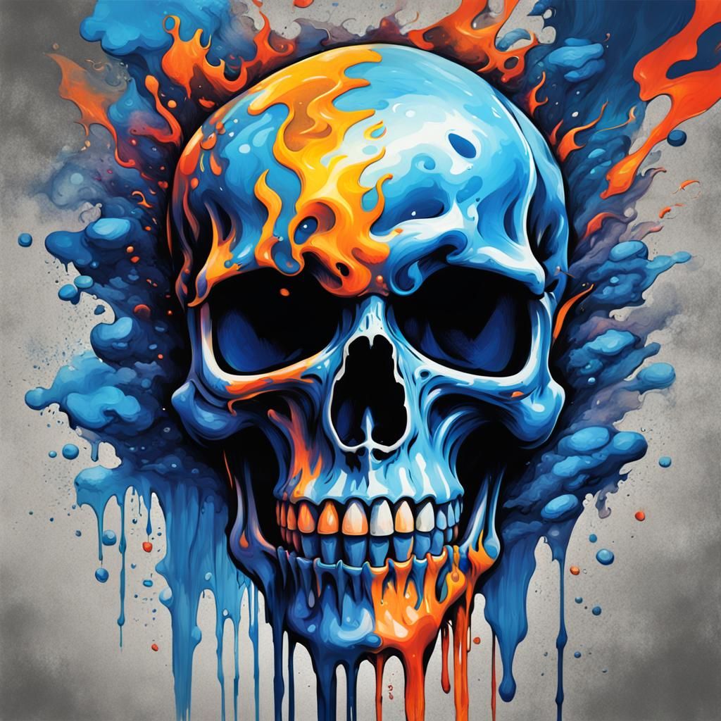 Blue Flames Skull in Graffiti Splash Art Style
