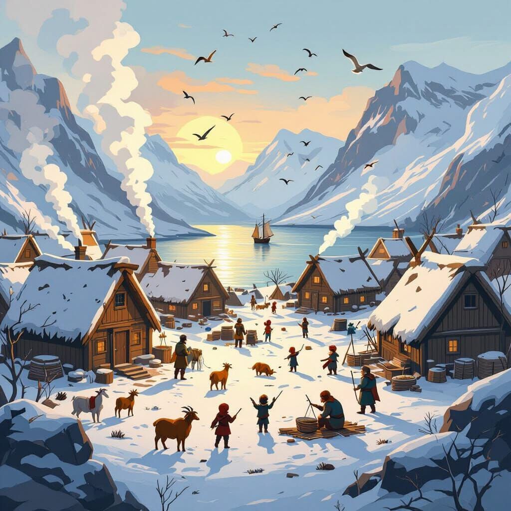 Viking Village Dawn Scene in Flat 2D Cartoon Style