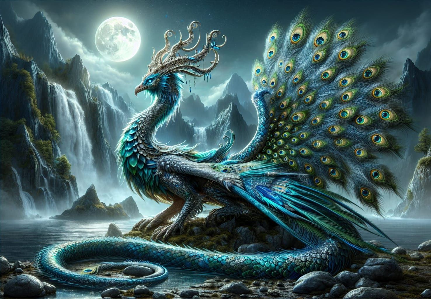 Spectacular Peacock-Dragon Hybrid in Fantasy Landscape