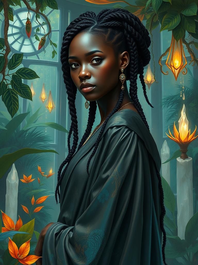 Ethereal Woman in Glowing Indoor Garden